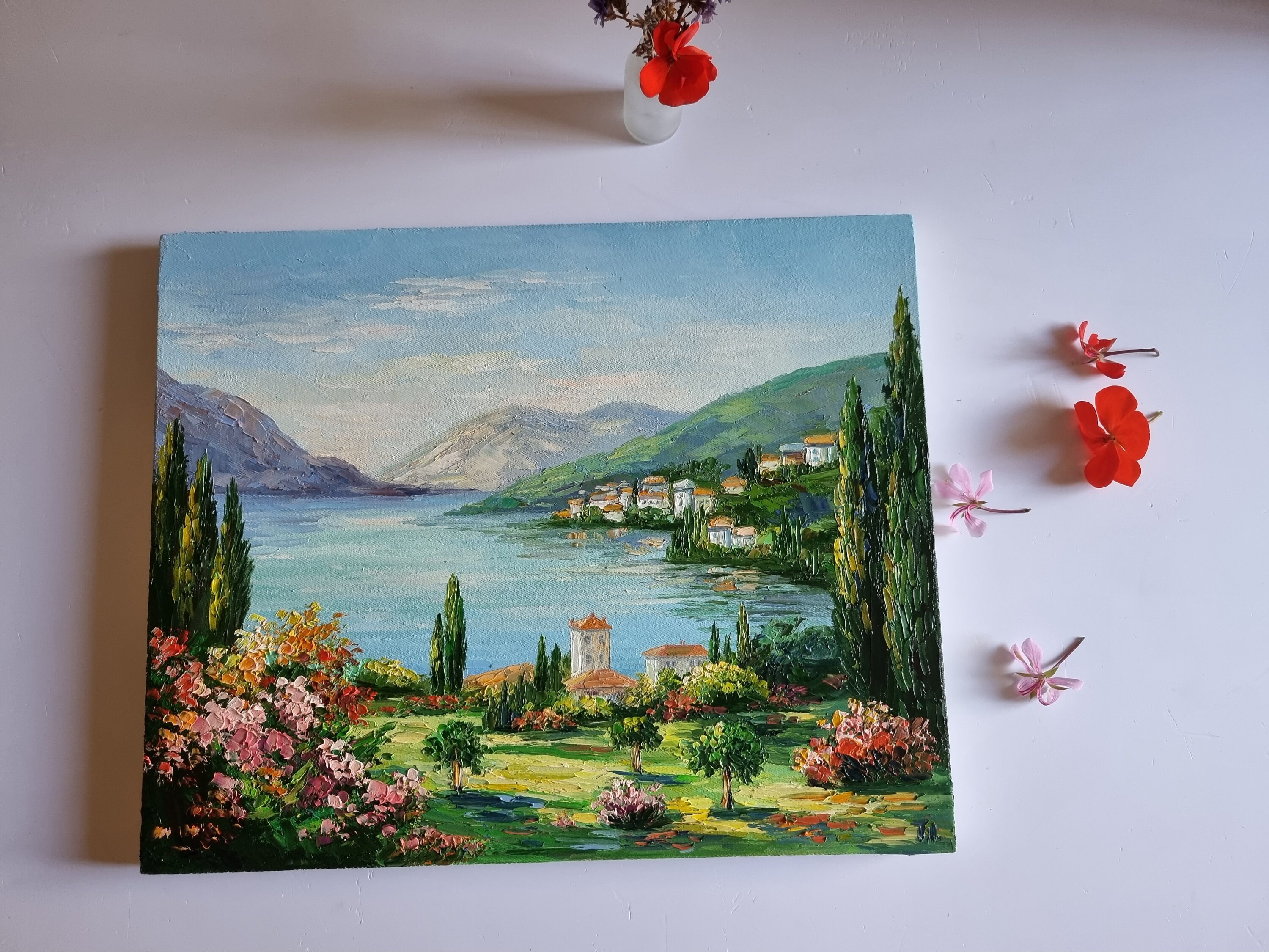 コモ湖の絵画、イタリアの風景画、油絵 13x16 - Etsy 日本
