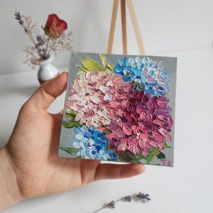 Original Hydrangea Oil Painting Floral Painting Flower Small Painting Wall Art Travel Gift 4 by 4 inches