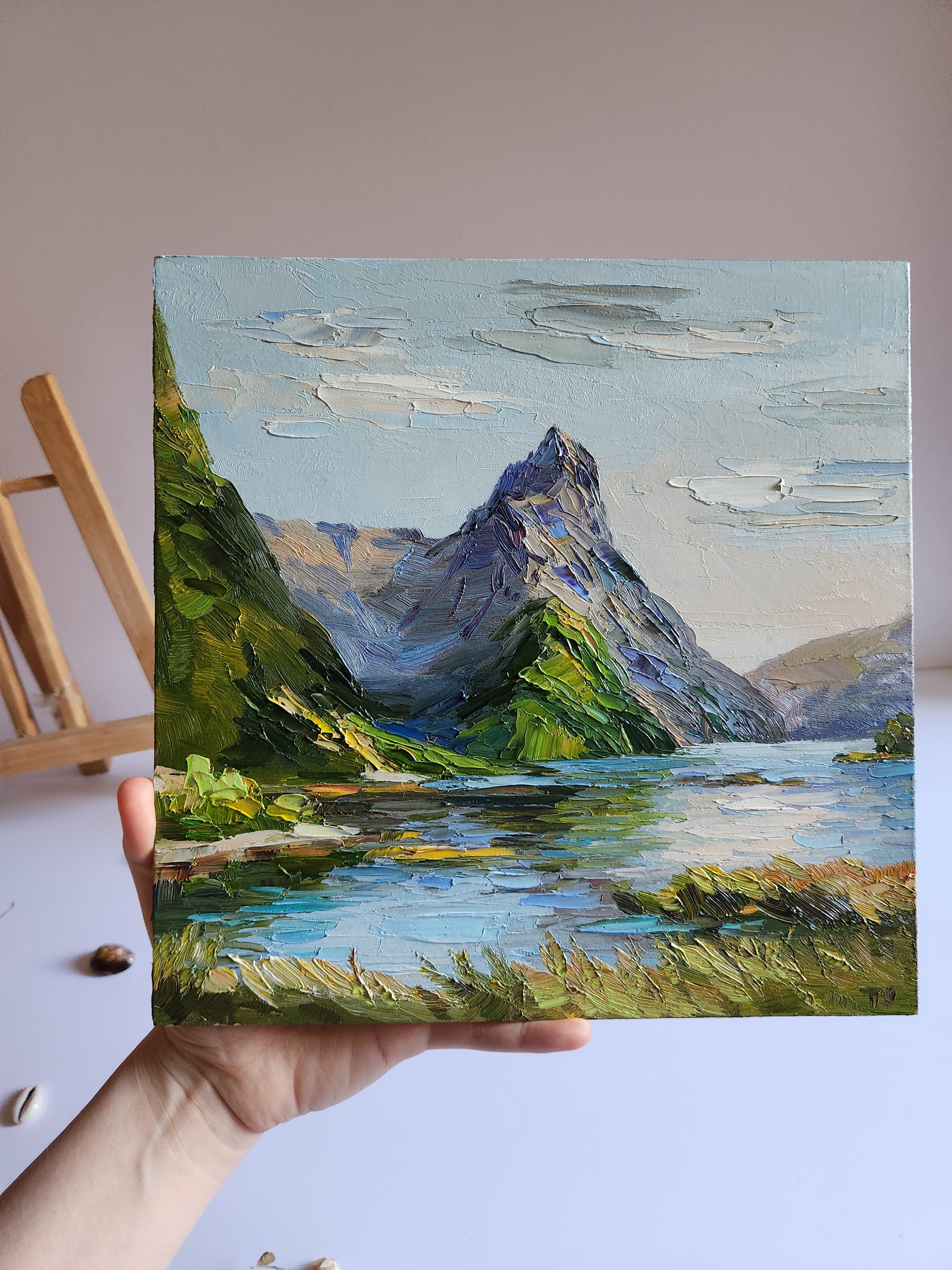ミルフォードサウンドの油絵：ニュージーランドの山の風景画（10x10 