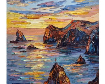 Madeira Seascape Painting, Sunset Coastal Art, Original Oil, 12x10