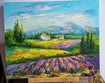 Lavender Painting,Tuscany Landscape,Lavender Field,Landscape Painting,Mountain Landscape,Painting on Canvas, Floral Wall Art,13 by 16 inches