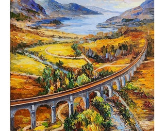 Pintura da Escócia do viaduto de Glenfinnan, arte a óleo de paisagem de outono