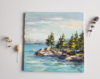 Lake Tahoe Painting,Gift for Holidays,California Landscape,Original Art,Wall Art,6 by 6 inches