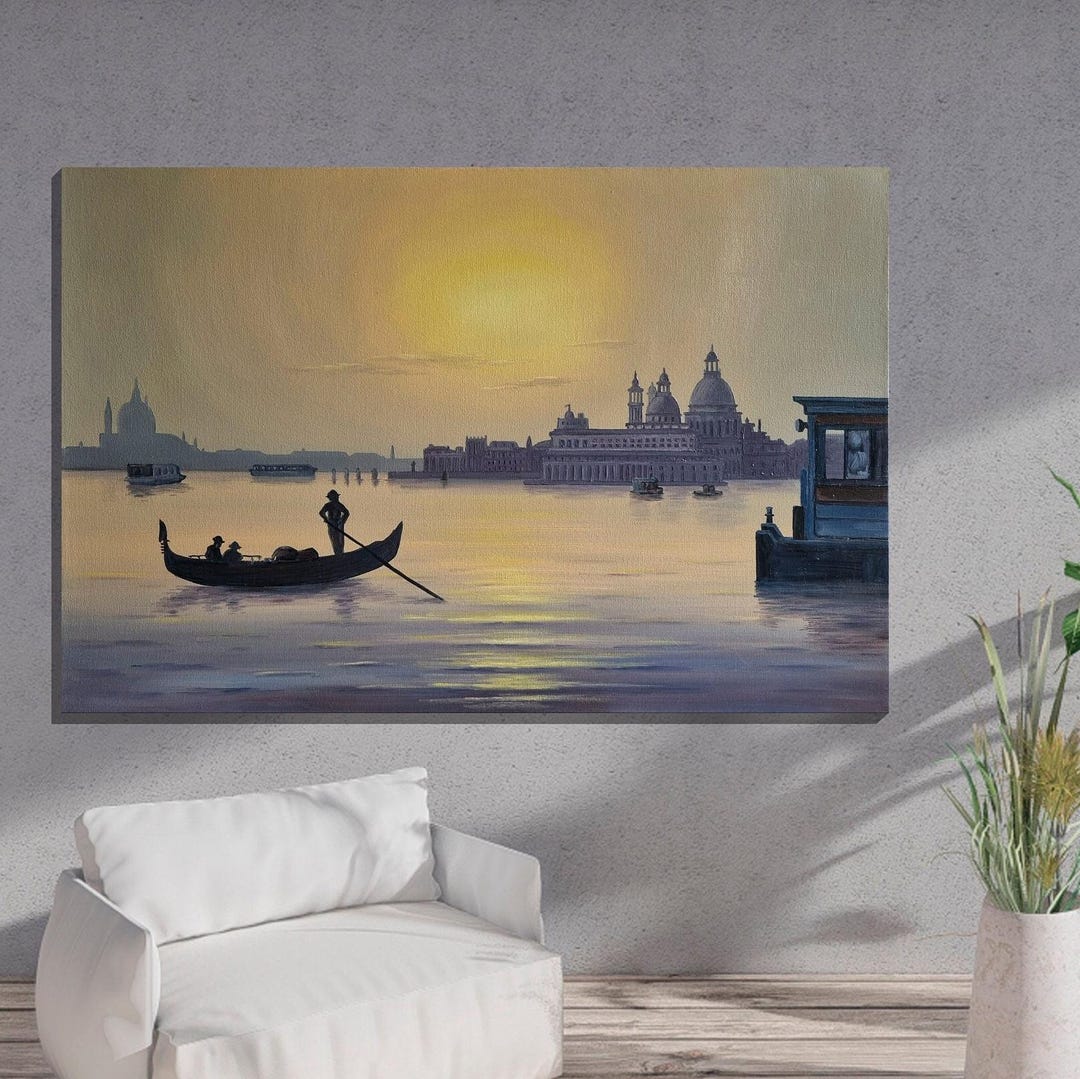 Large canvas Venice oil painting showcasing gondola and cityscape