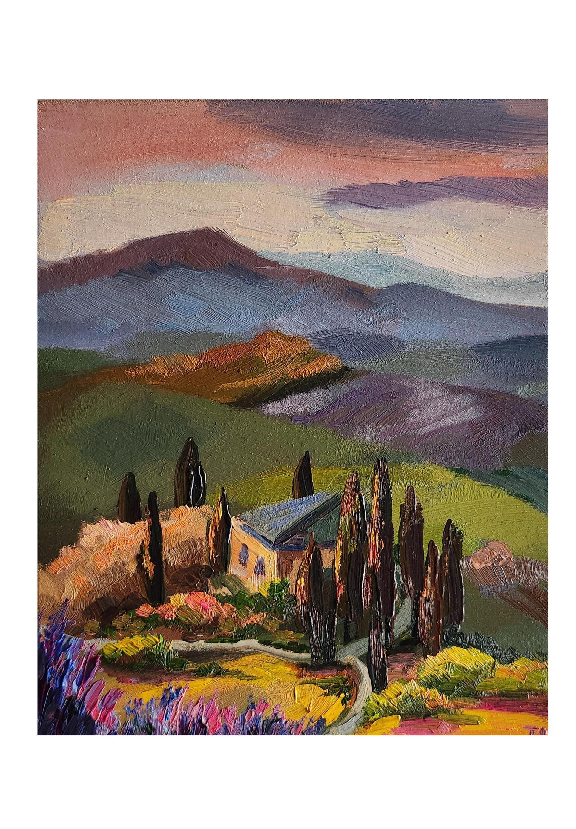 オリジナルのトスカーナ風景油絵：イタリアの田園風景の壁画 - Etsy 日本