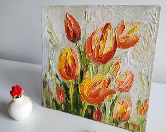 油彩画 チューリップ チューリップの油絵：カラフルな花のインパスト、6x6インチ - Etsy 日本