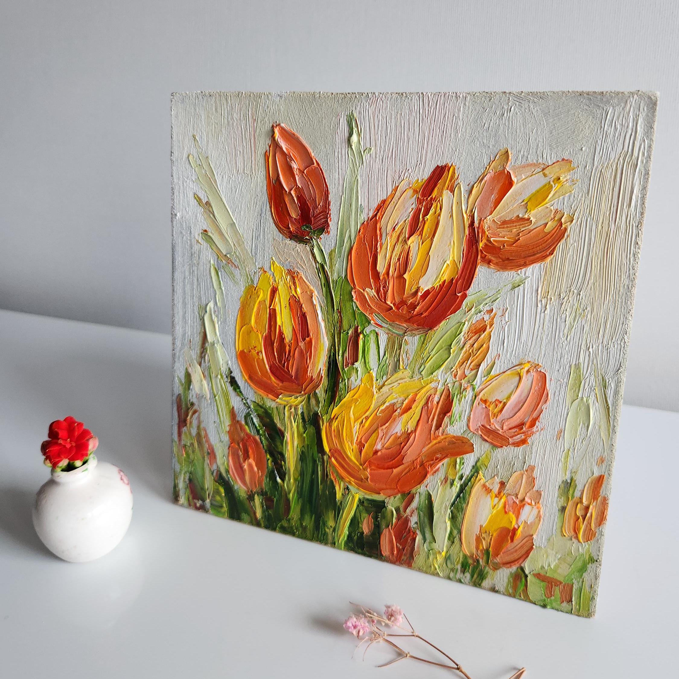 油絵 チューリップ チューリップの油絵：カラフルな花のインパスト、6x6インチ - Etsy 日本