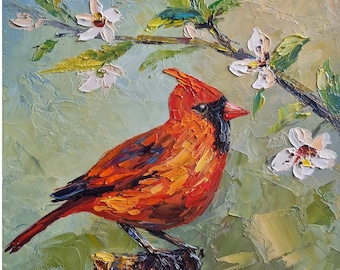カーディナル油絵、テクスチャのある静物画、鳥のアート、10x10 - Etsy