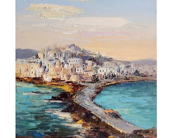 Greece Painting Greece Sunset Landscape Naxos island Mediterranean Painting Mediterranean Art Seascape Painting Wall Art 10 by 8