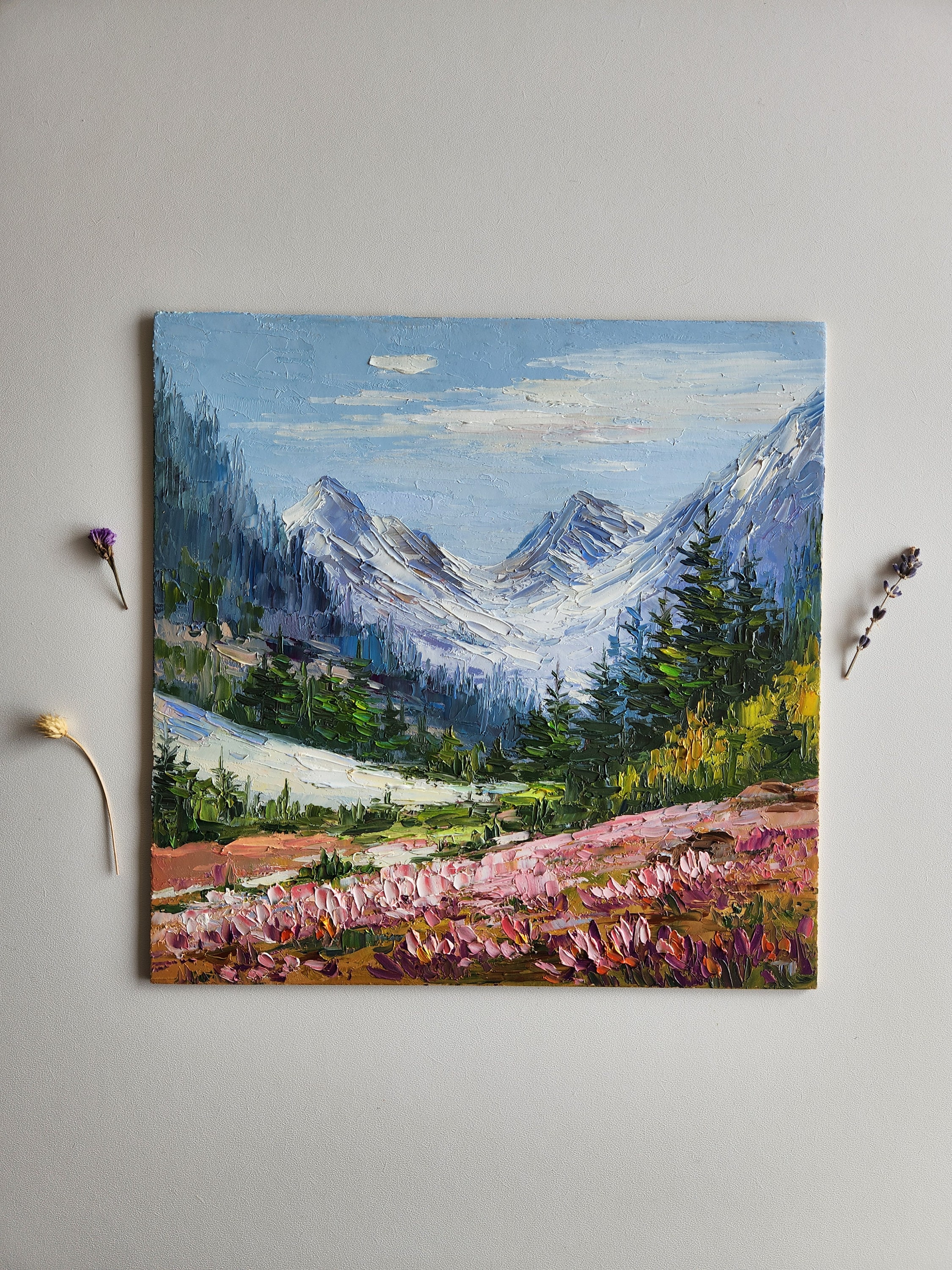オリジナルアルプス山の風景油絵 夏の花畑の厚塗り絵画 6 x 6インチ