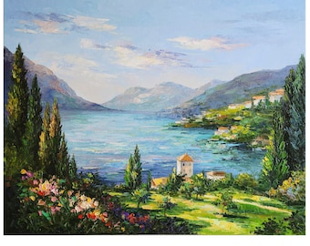 コモ湖の絵画、イタリアの風景、パレットナイフアートワーク（24x30