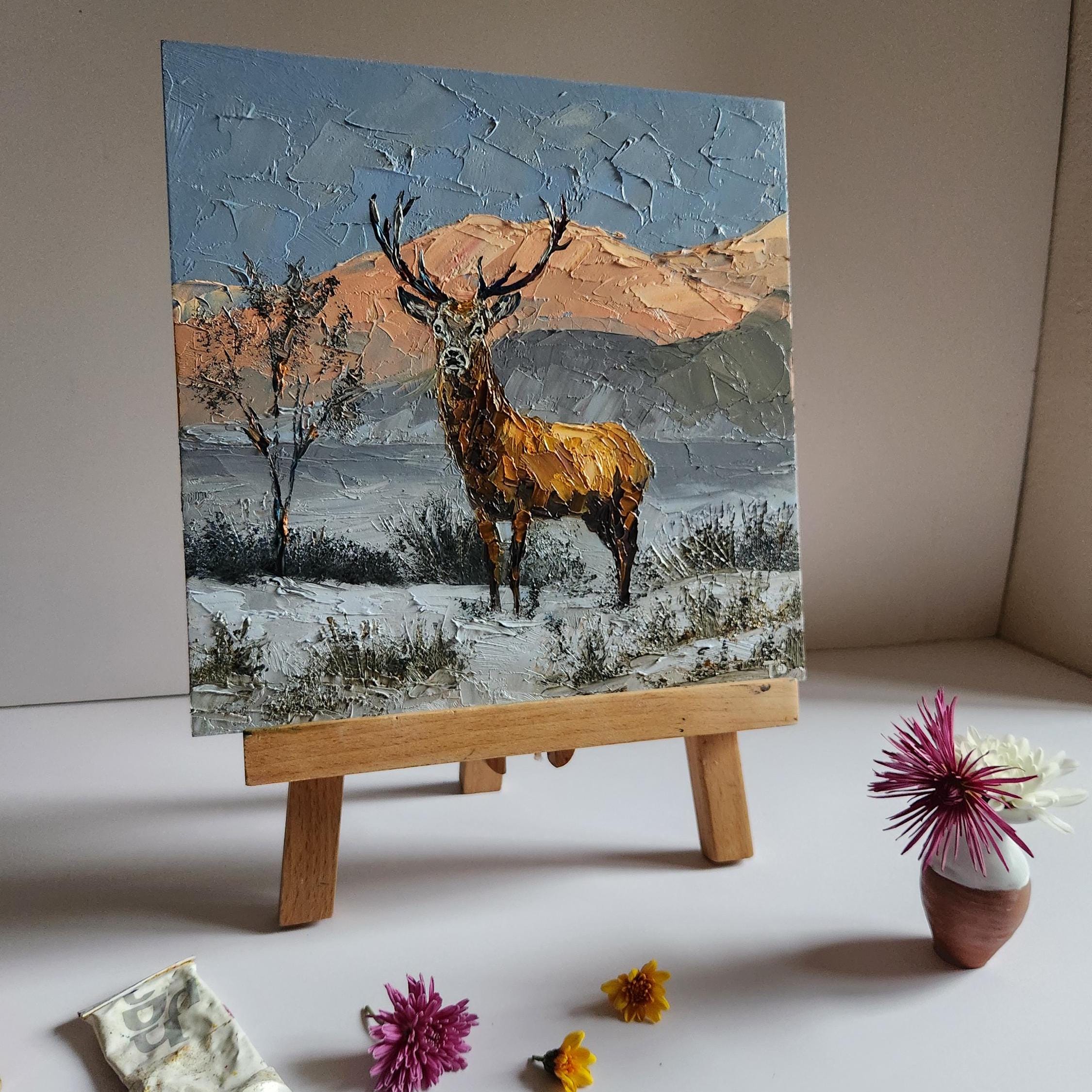 オリジナルの鹿の油絵：ジャスパー風景野生動物アート（10 x 10インチ
