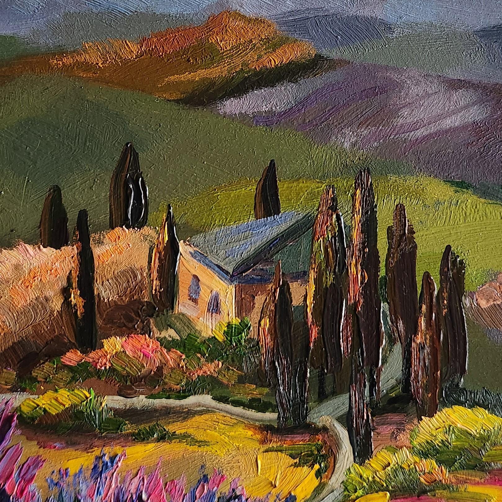 オリジナルのトスカーナ風景油絵：イタリアの田園風景の壁画 - Etsy 日本