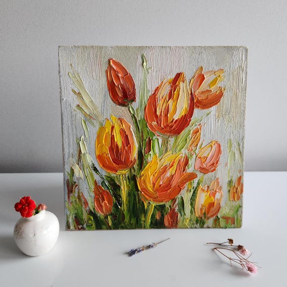チューリップの油絵：カラフルな花のインパスト、6x6インチ - Etsy 日本