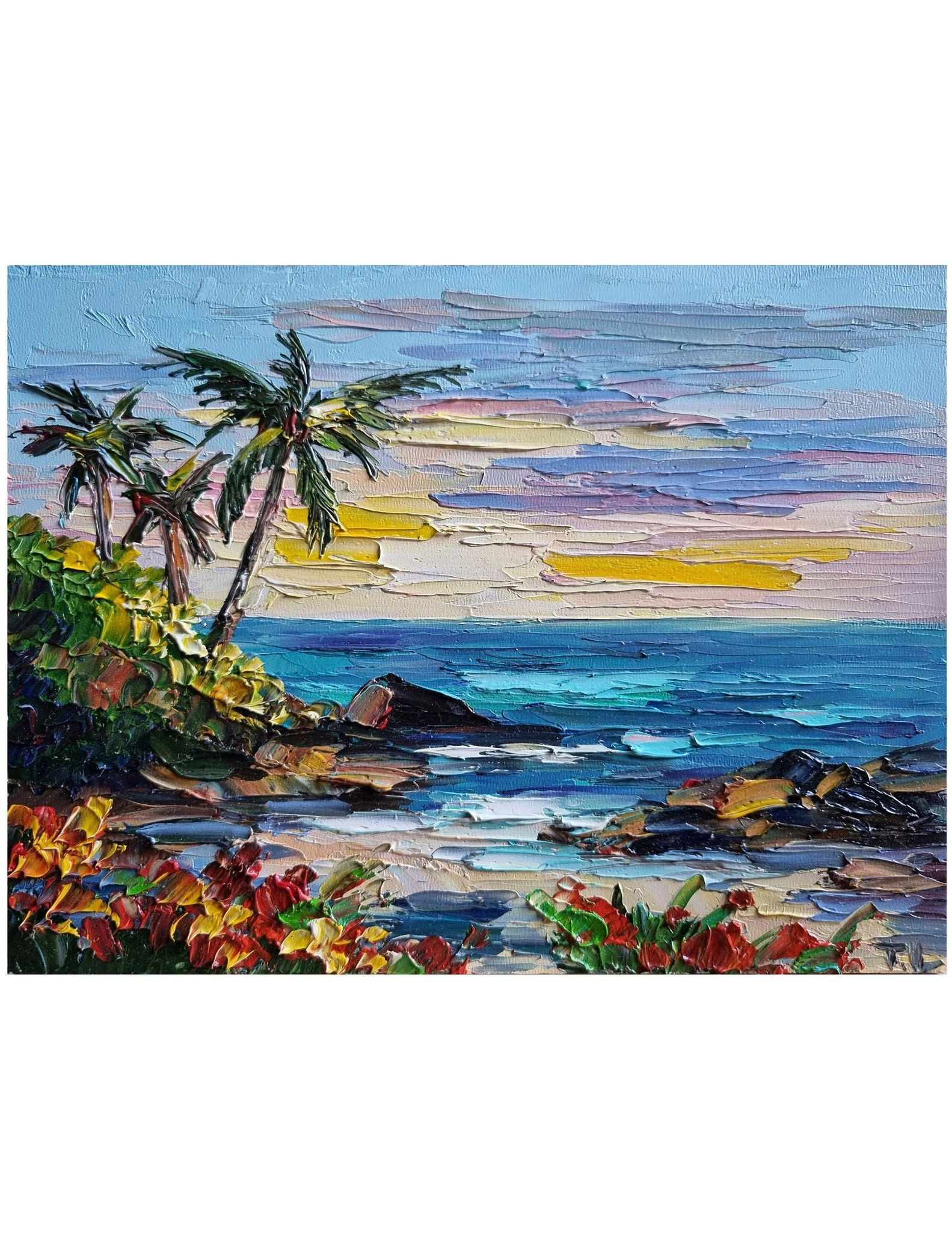 油絵(自作)：ハワイの夕陽　自分が欲しい油絵を描いてます。世界で１枚の油絵です。 ハワイの夕日の絵画 夕日の絵画 海景画 ハワイの油絵 海景