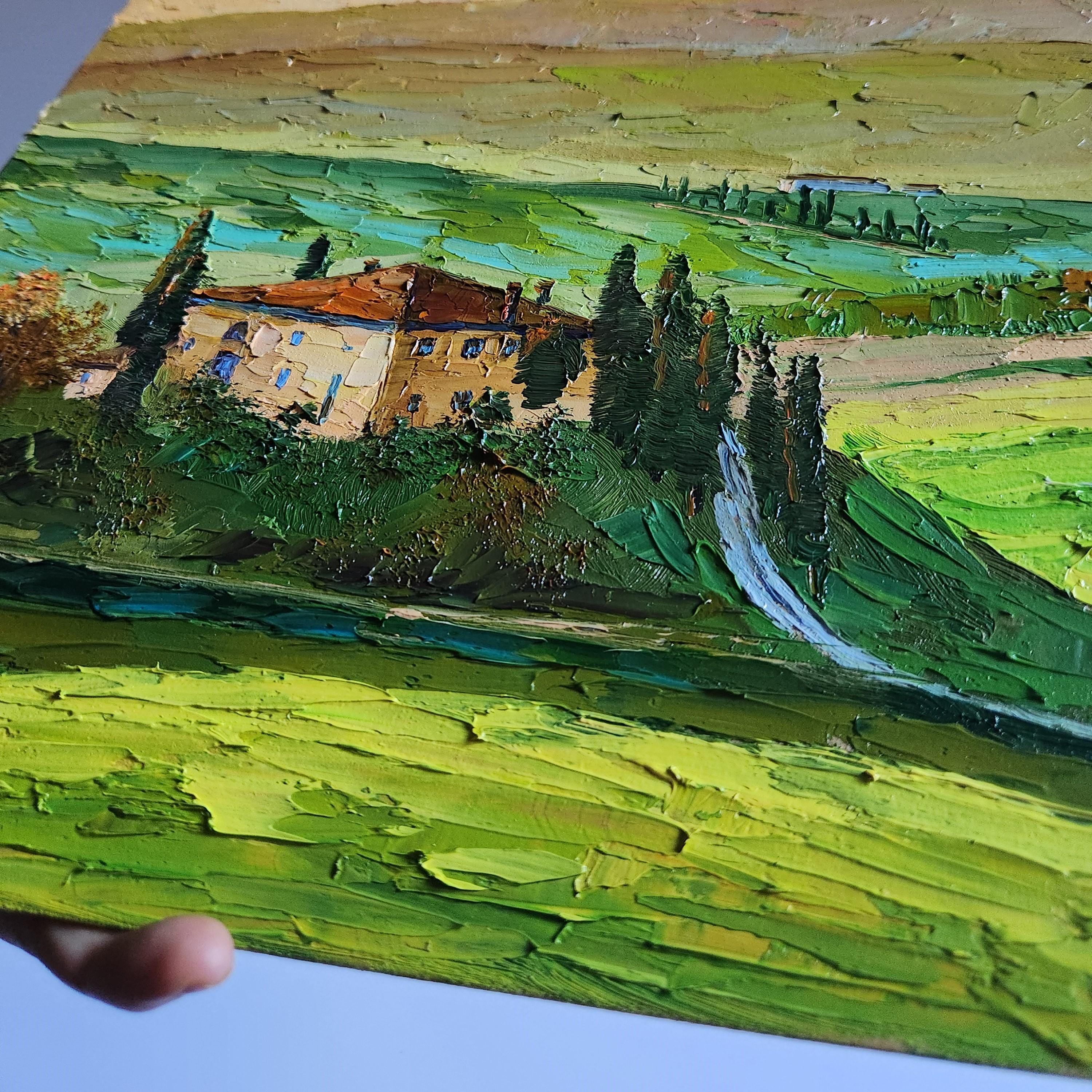 油絵トスカーナ風景 トスカーナの風景油絵 イタリア トスカーナの芸術 厚塗り絵画