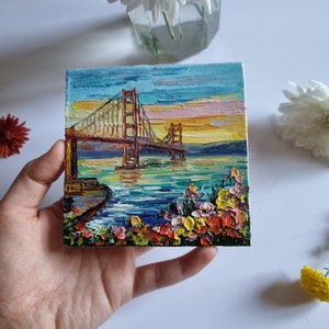 San Francisco Painting Golden Gate Bridge Painting Seascape Painting Bridge Painting Impasto Oil Painting  4 by 4 inches