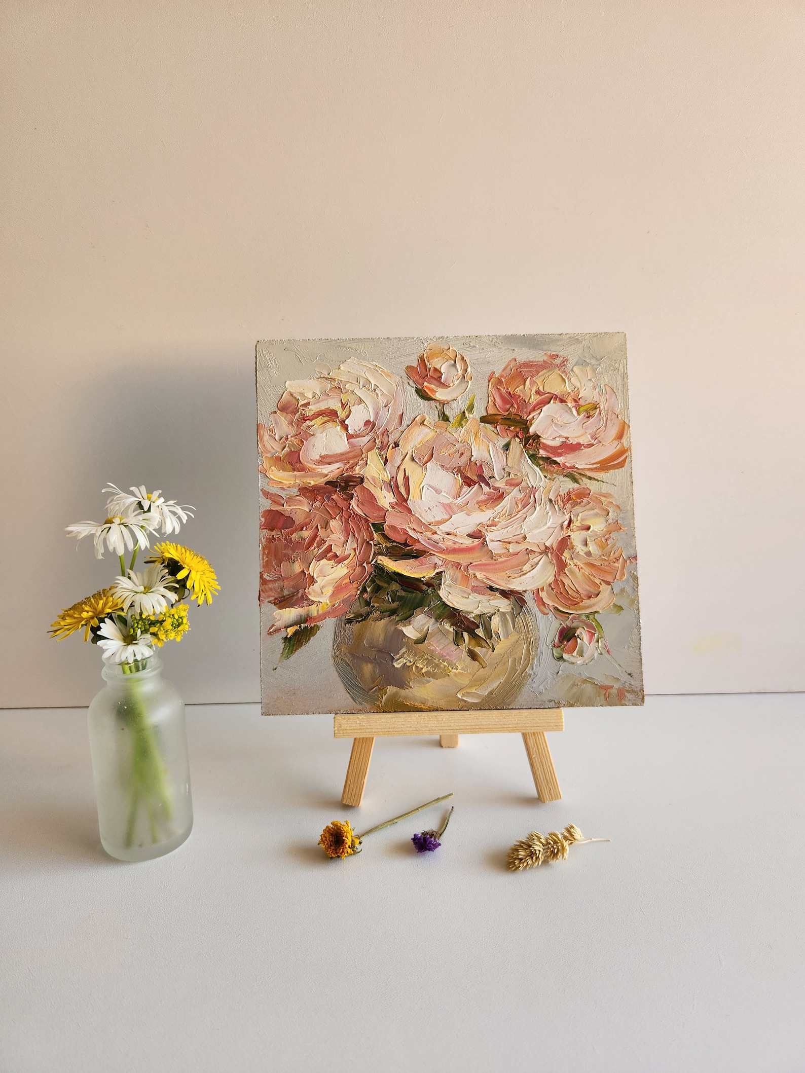 Impasto Pink Peony Oil Painting: Floral Wall Art (6x6 Inches) - Etsy