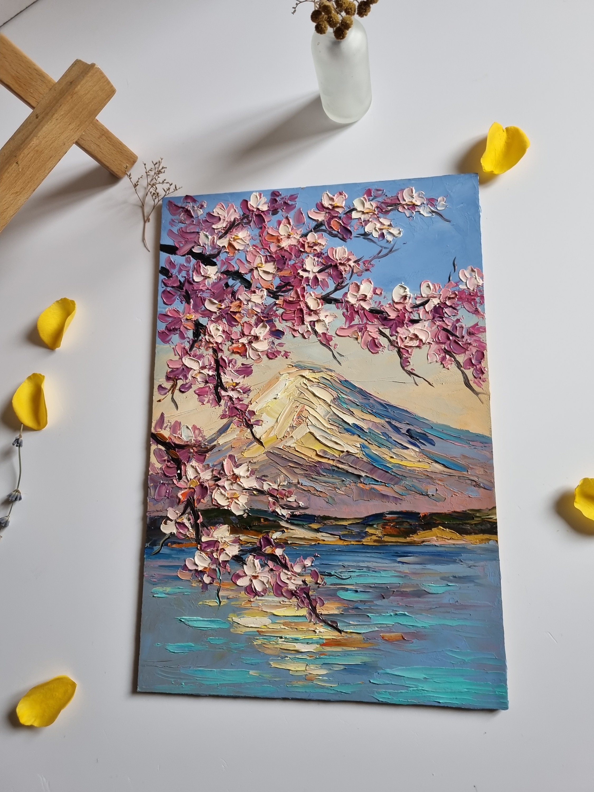 Sakura Painting: Impasto Mountain Landscape, Japan Art (12x8