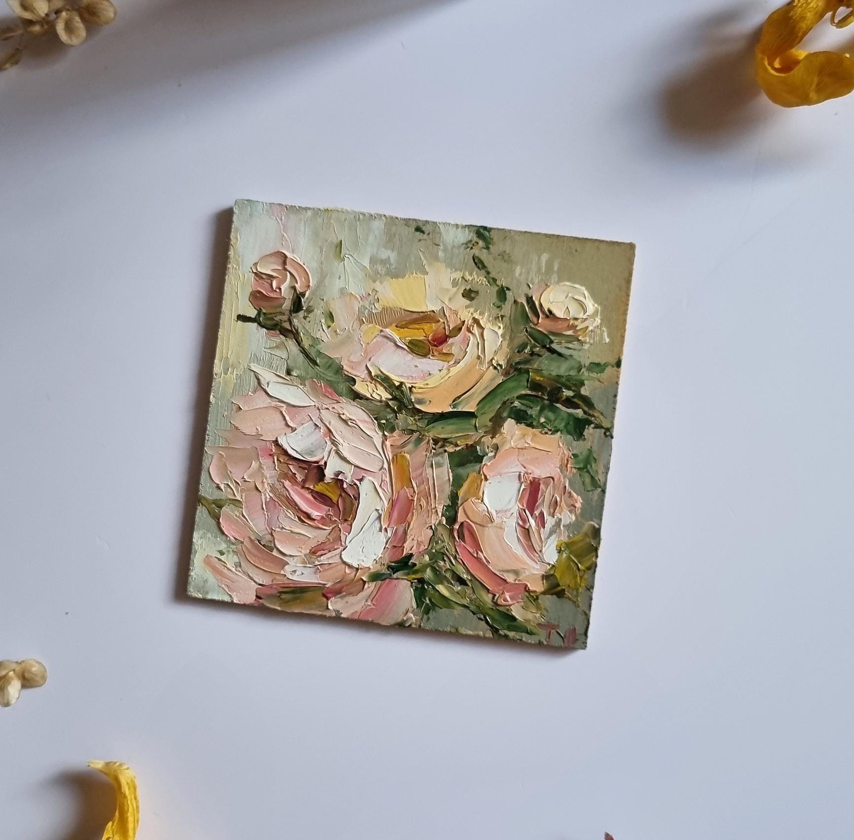 Impasto Pink Peony Oil Painting: Floral Palette Knife Art (4x4 Inches ...