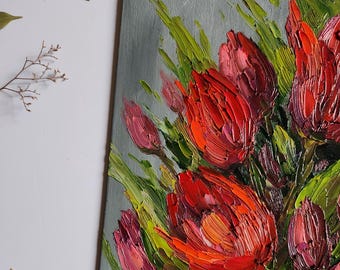 赤いチューリップの油絵：花のパレットナイフアート（8x8インチ