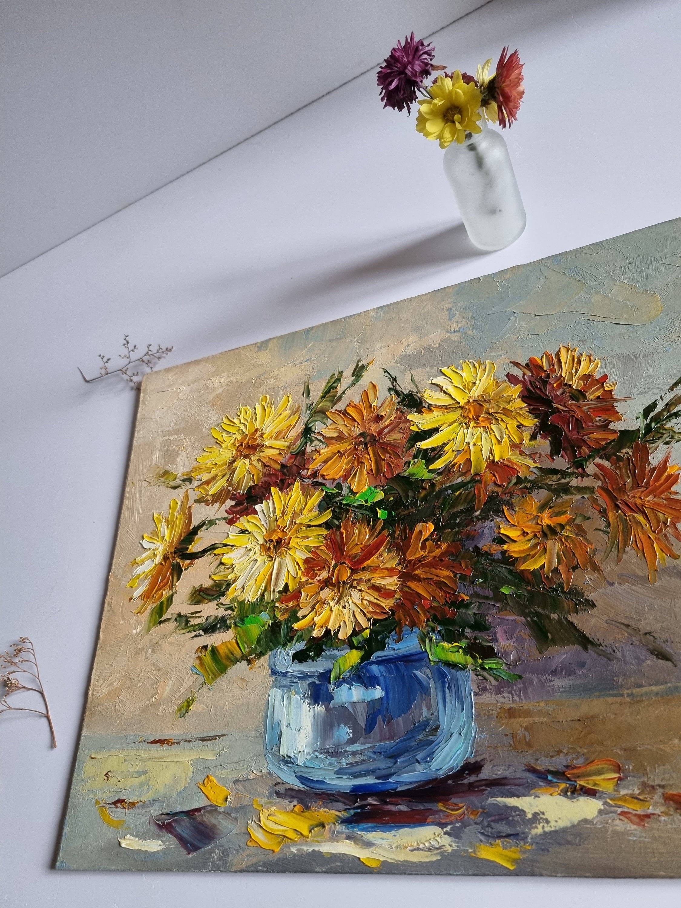 骨董品 油彩画 一点物 花のブーケ ブラウンフレーム 菊の油絵、インパストフラワーブーケアート（11 x 13インチ） - Etsy 日本