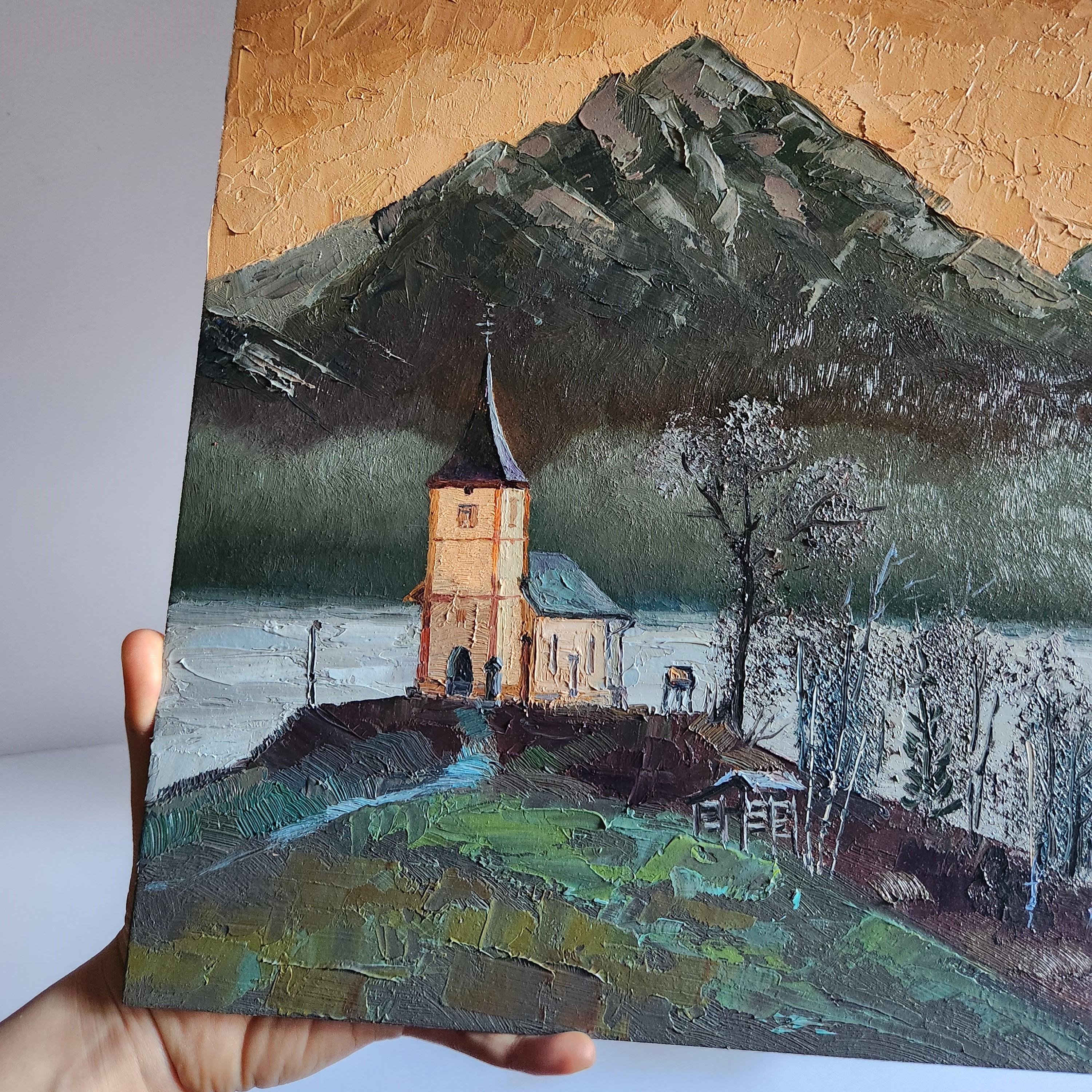 ヤムニク教会の油絵：スロベニアの山の風景画（13 x 11インチ） - Etsy