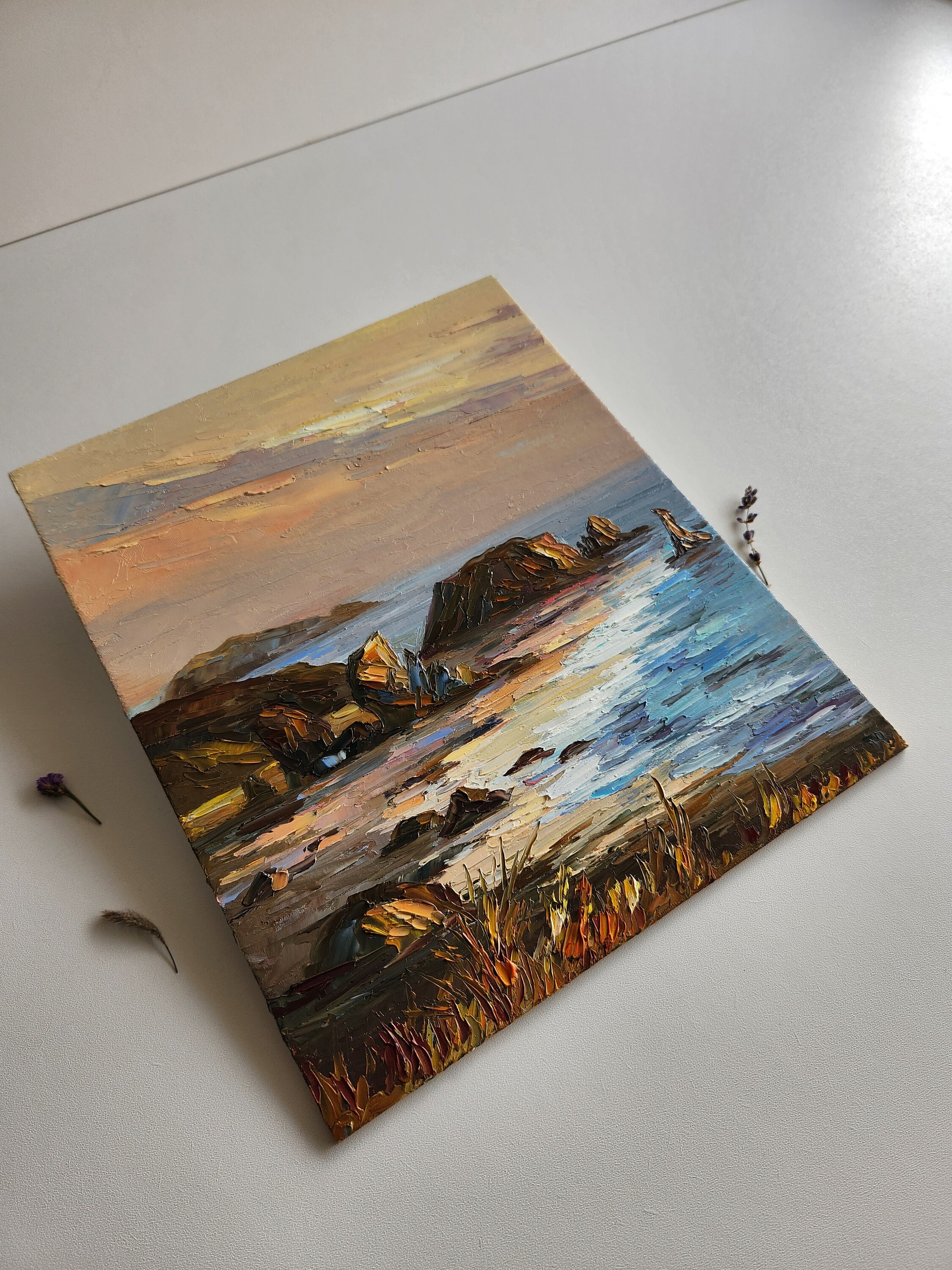 オレゴン海岸線の絵画 オレゴンの海景 夕焼けの油絵 オレゴンの風景画