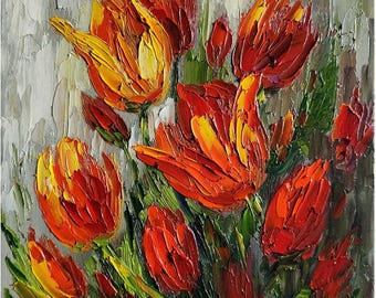 赤いチューリップ。油絵：印象派の小さな花（8x8） - Etsy 日本