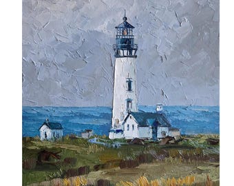 Yaquina Lighthouse Oil Painting, Oregon Coast Landscape Art (11x13 in.)