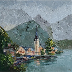 Original Hallstatt Austria Oil Painting Hallstratt Church painting Austria landscape painting Wall Art travel gift Christmas gift 10 by 10in