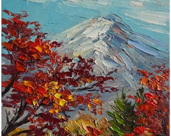 山の周りの桜、アクリル画の風景画の春のアート、ピンクの花のアート