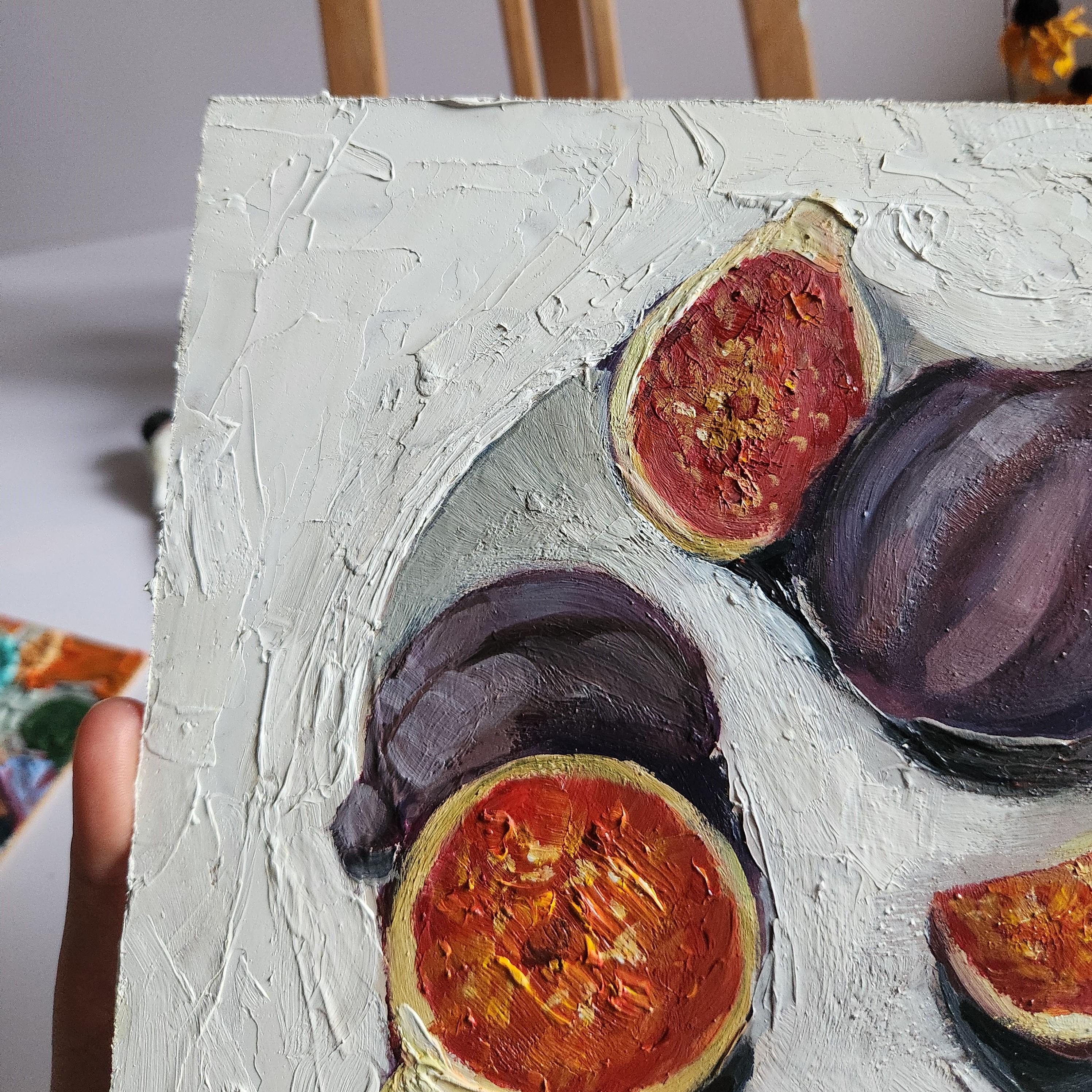 イチジクの油絵：静物画、インパストアート、8x8 - Etsy 日本