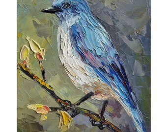 オリジナルの鳥の絵画 青い鳥の油絵 かわいい小鳥の静物画 ホーム