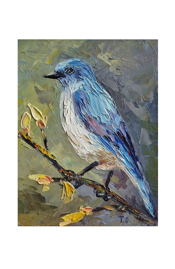 オリジナルの鳥の絵画 青い鳥の油絵 かわいい小鳥の静物画 ホーム