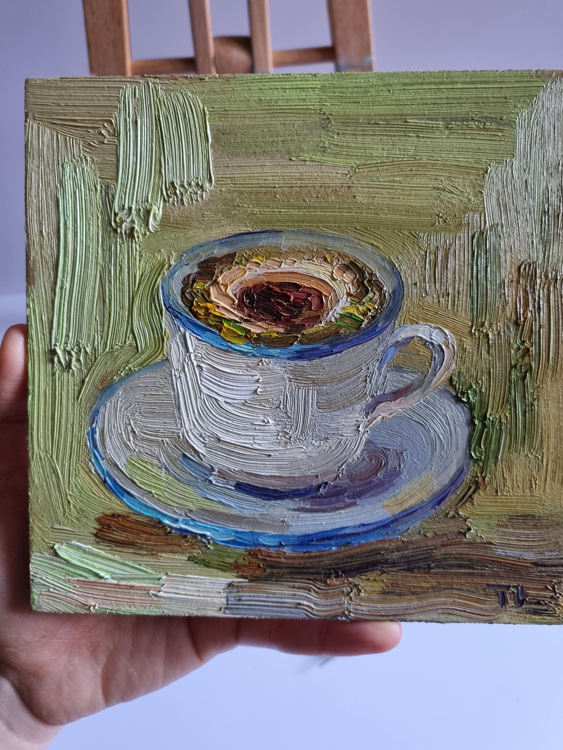 コーヒーカップの油絵：抽象的なキッチンの静物画（6 x 6インチ