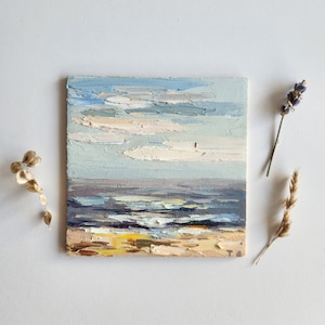 Seascape Pintura Praia Paisagem Pequeno Impasto Pintura Original Seascape Arte Da Parede Do Berçário 4 por 4 polegadas
