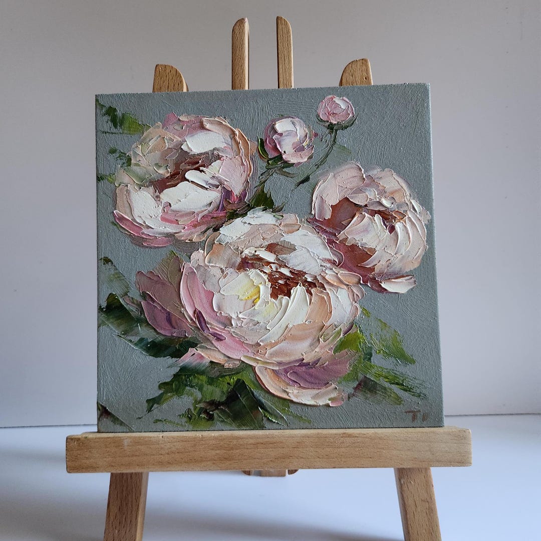 Impasto Pink Peony Oil Painting: Floral Wall Art (8x8 Inches) - Etsy