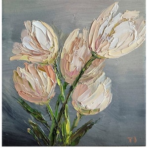 Palette Knife Tulips Oil Painting, Floral Wall Art (6x6)