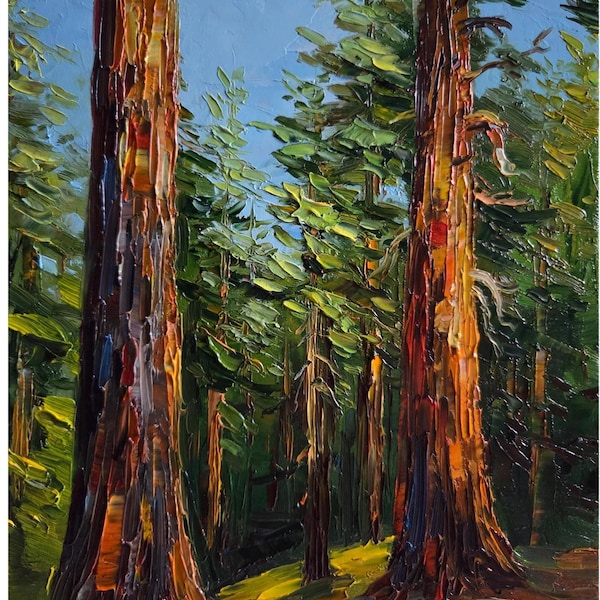 Dipinto a olio della foresta californiana: arte del viaggio su strada, spatola di legno (10 x 8 pollici)