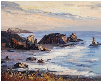 Dipinto a olio sulla costa dell'Oregon: tramonto sul mare del Pacifico, dipinto con spatola (8 x 10 pollici)