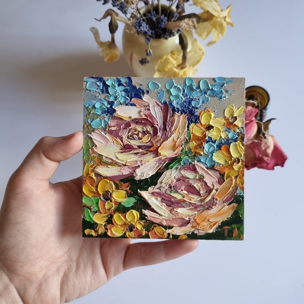 Rose Painting,Oil Impasto Painting,Flower Bouquet,Floral Painting,Small Painting,Wall Art,4 by 4 inches