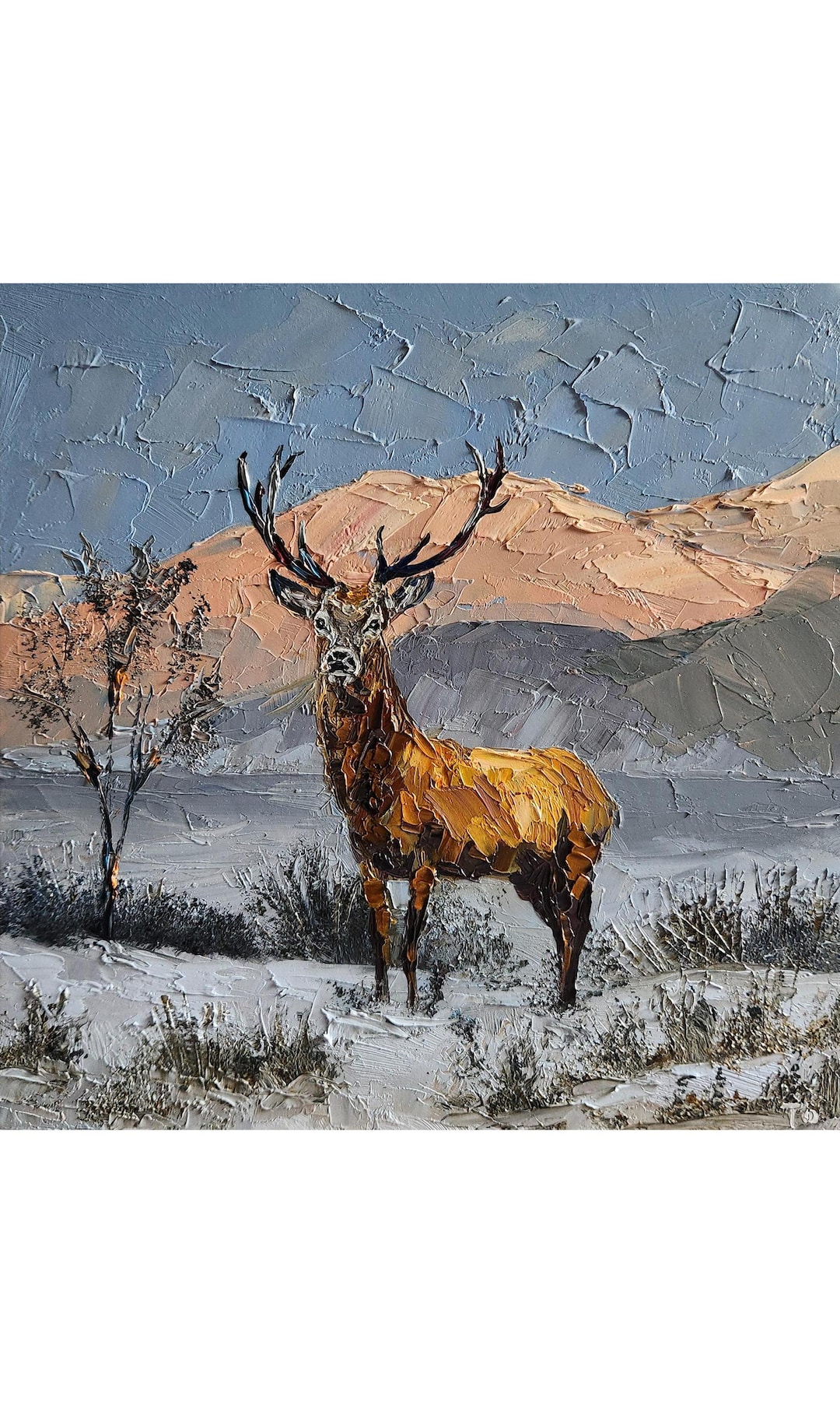 オリジナルの鹿の油絵：ジャスパー風景野生動物アート（10 x 10インチ