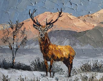 オリジナルの鹿の油絵：ジャスパー風景野生動物アート（10 x 10インチ