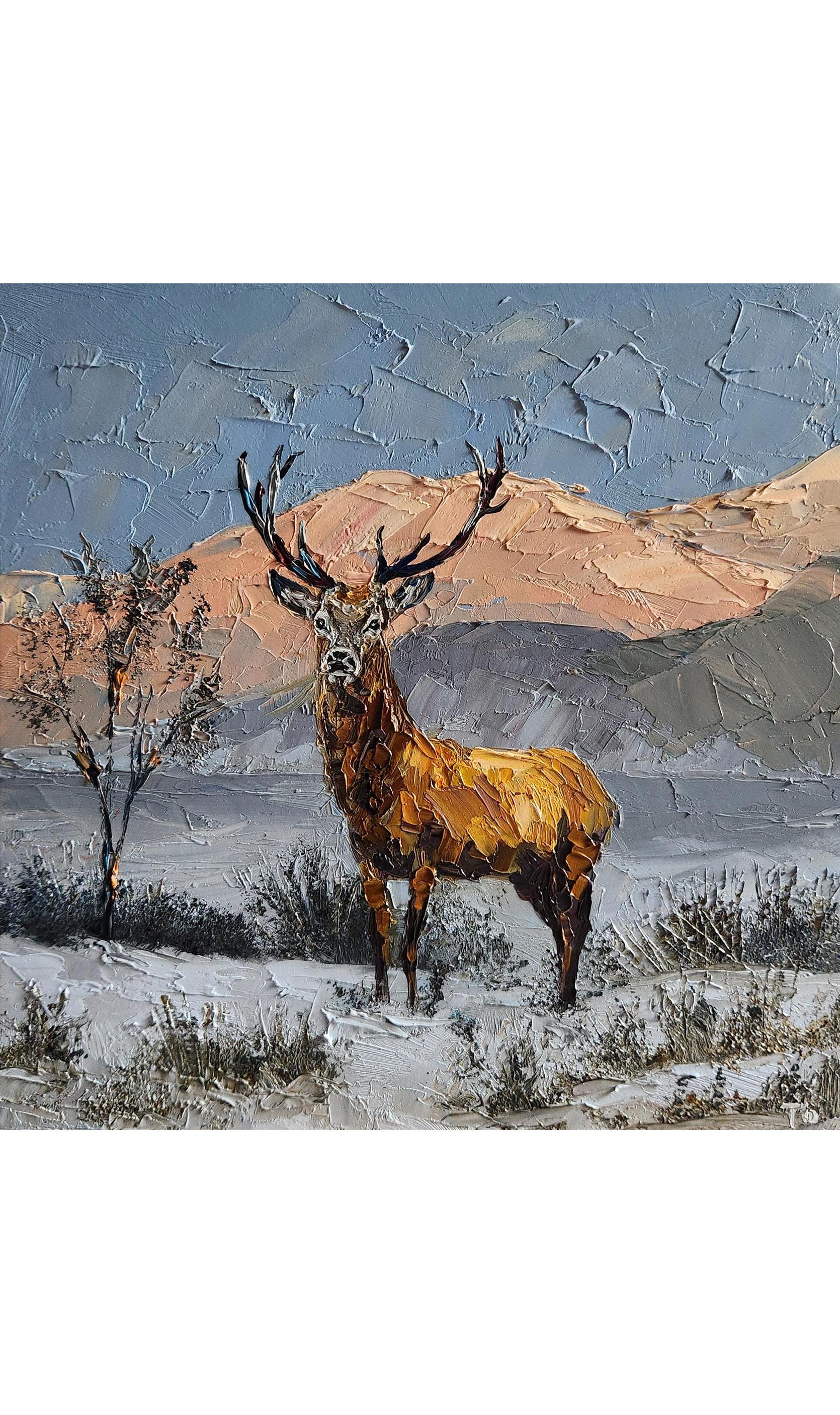 鹿の油彩画 オリジナルの鹿の油絵：ジャスパー風景野生動物アート（10 x 10インチ