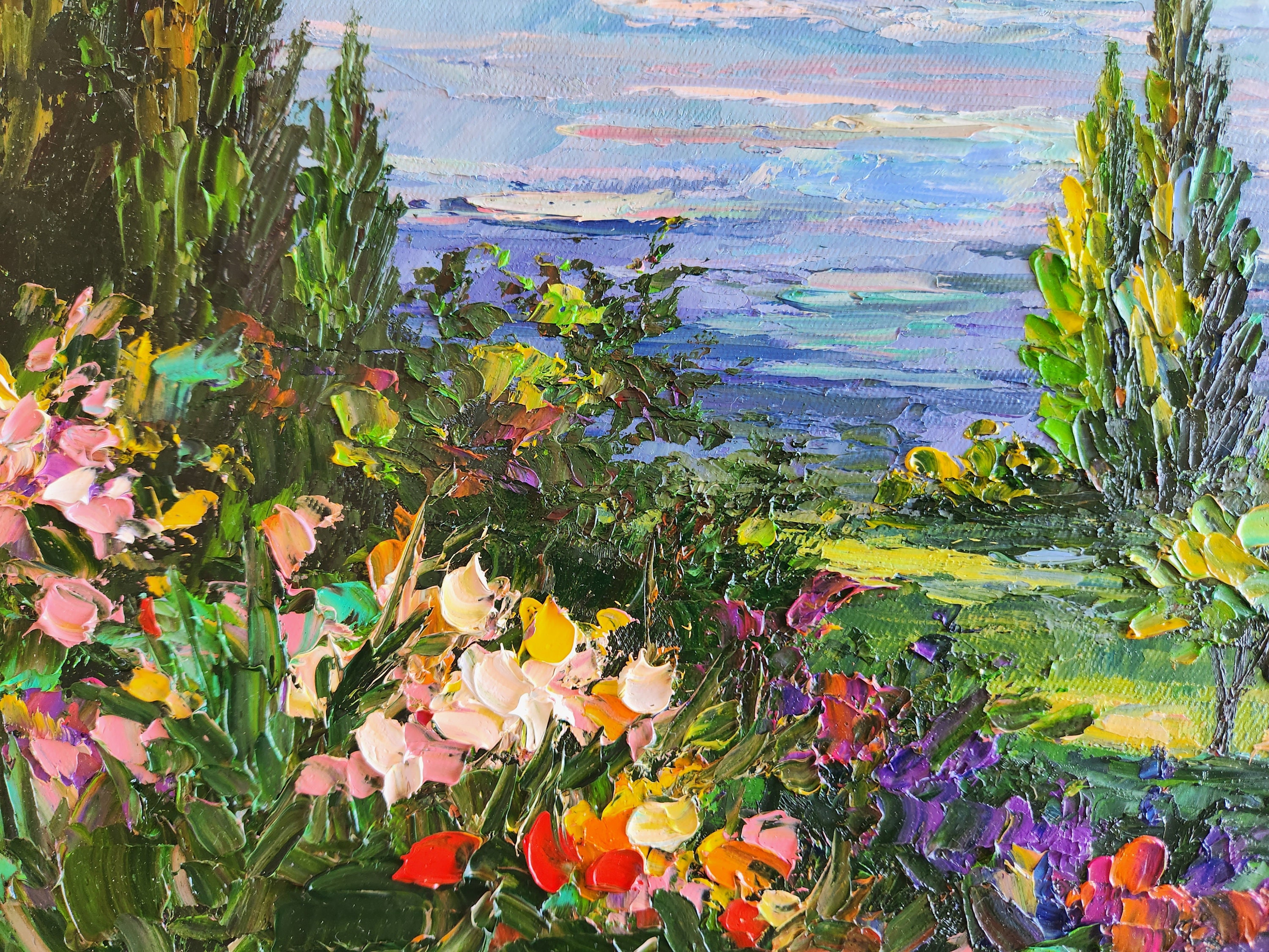 コモ湖の絵画、イタリアの風景、パレットナイフアートワーク（24x30