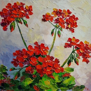 Geranium impasto  Oil Painting Red Flowers Painting Impasto Painting Floral Painting Wall Art 10 by 10 in