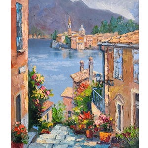 Original Lake Como Cityscape Oil Painting Italy landscape Italy city painting wall art travel gift 12 by 10 in