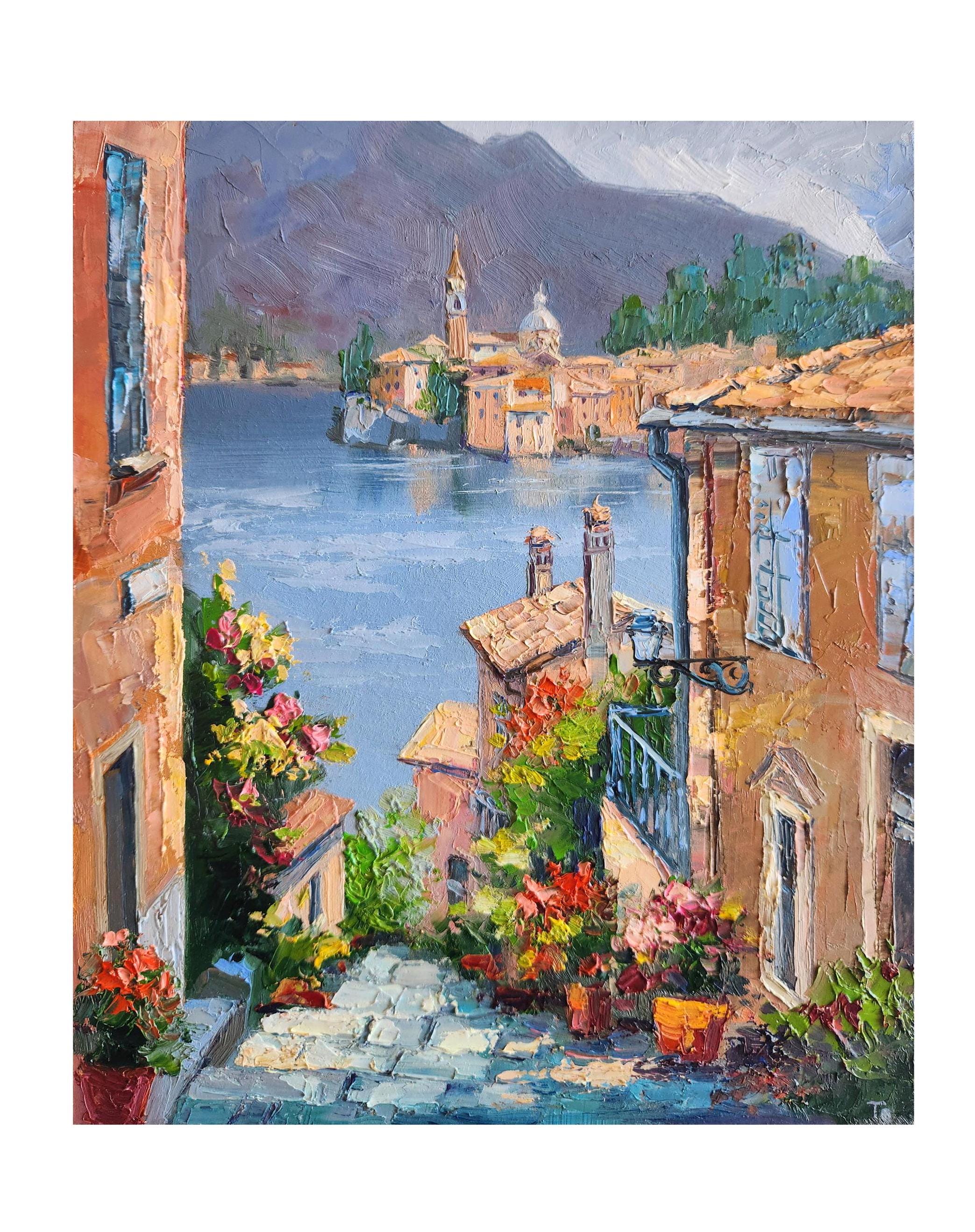 コモ湖の街並みを描いた油絵：イタリアの風景画（12 x 10インチ