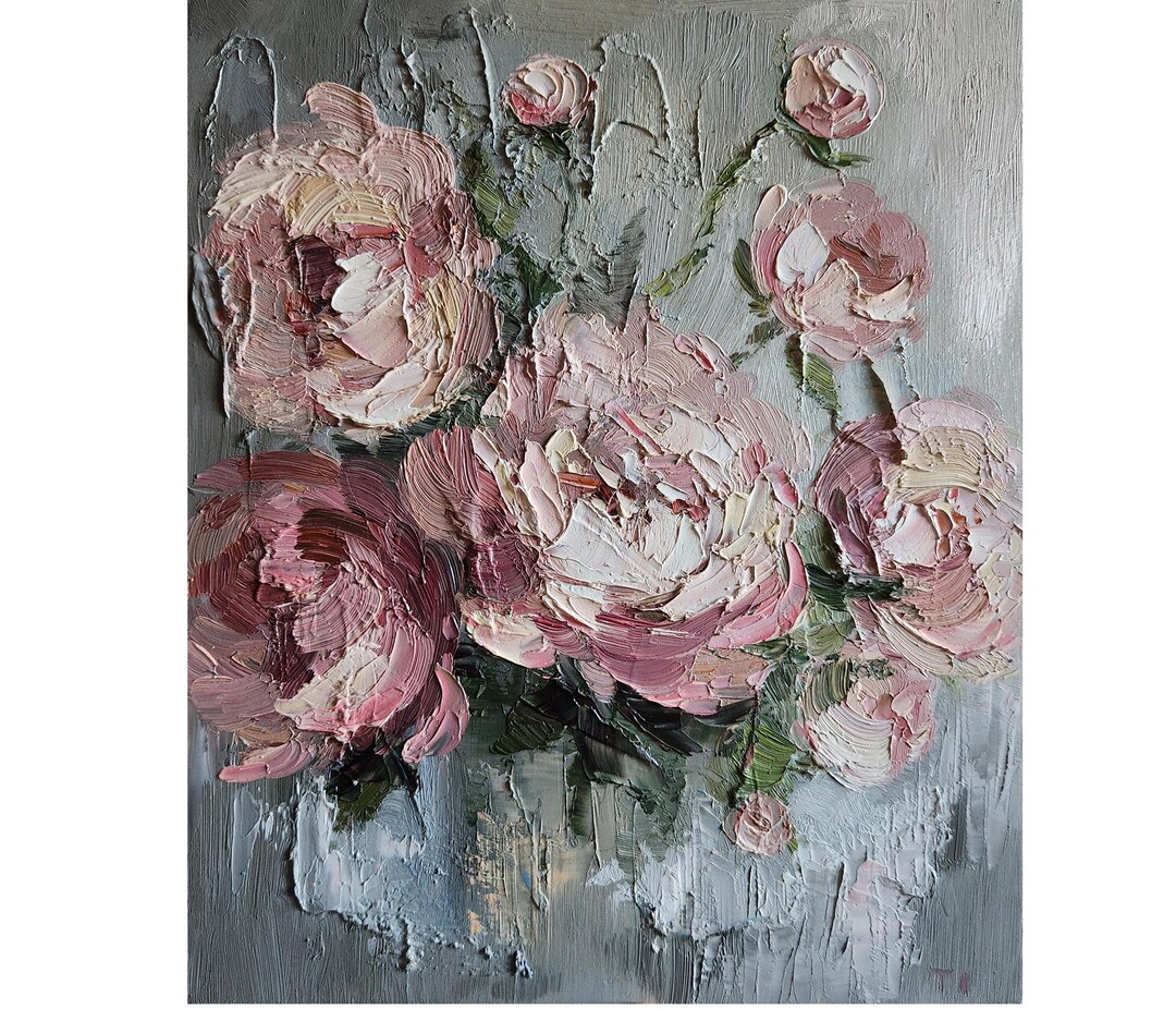 Impasto Pink Peonies Oil Painting: Modern Floral Wall Art (13x11 In) - Etsy